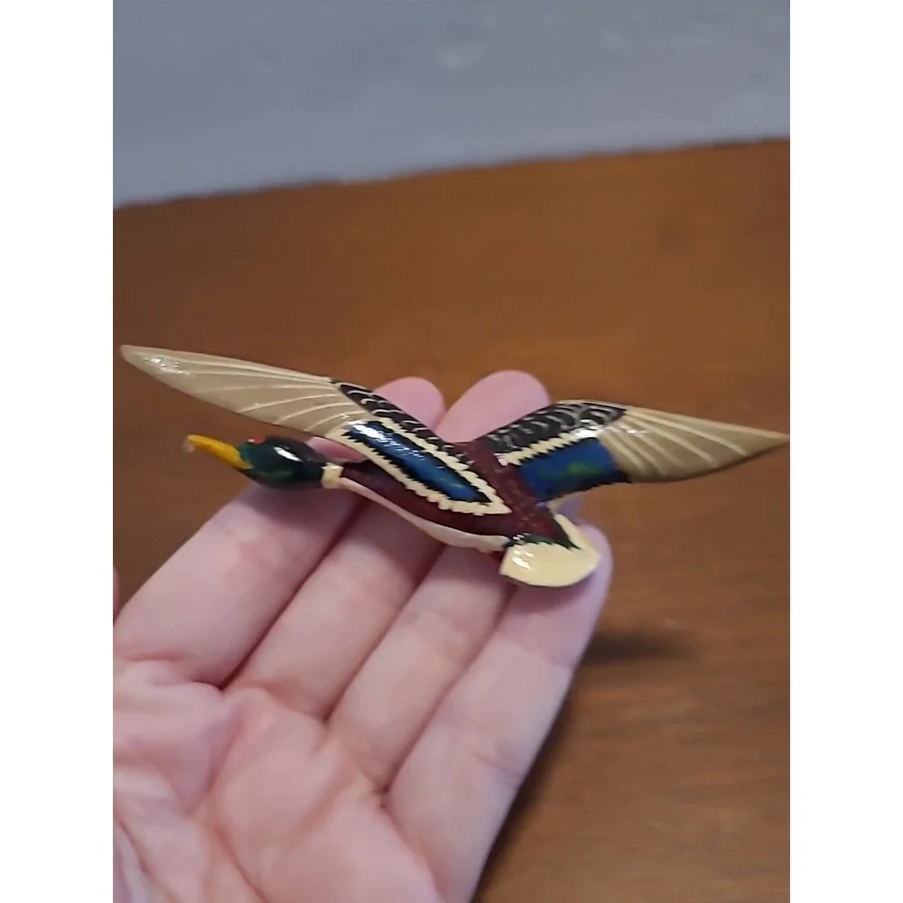 Vtg 70s Mallard Duck Brooch Pin Carved Wood Hand Painted Figural Bird Signed‎